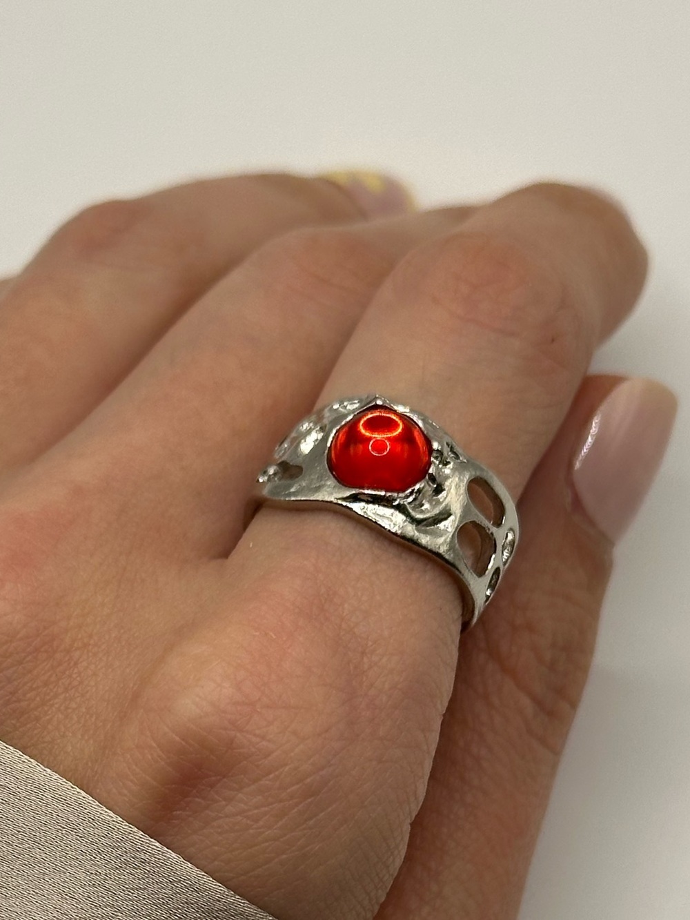 Silver Ring with Red Gemstone - Modern Statement Ring